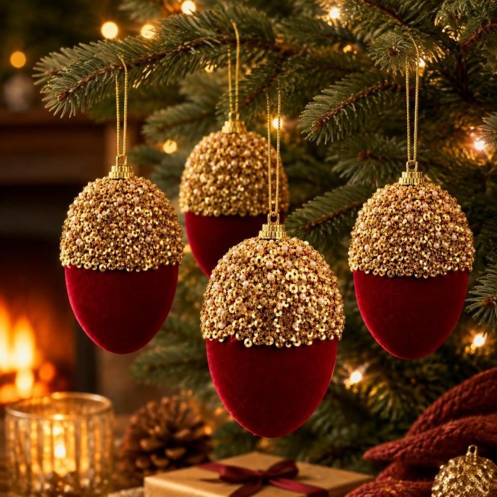 4pcs Gold Sequins Christmas Tree Decor Acorn Shape Hanging Pendant Christmas Ball Ornament New Year