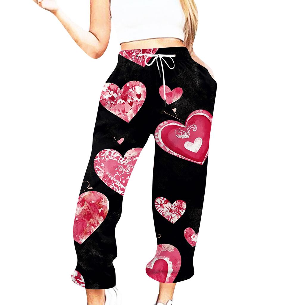 Женская повседневная мода День святого Валентина Повседневные брюки с принтом Спортивные брюки Брюки с эластичной резинкой на талии со шнурком Брюки со шнурком