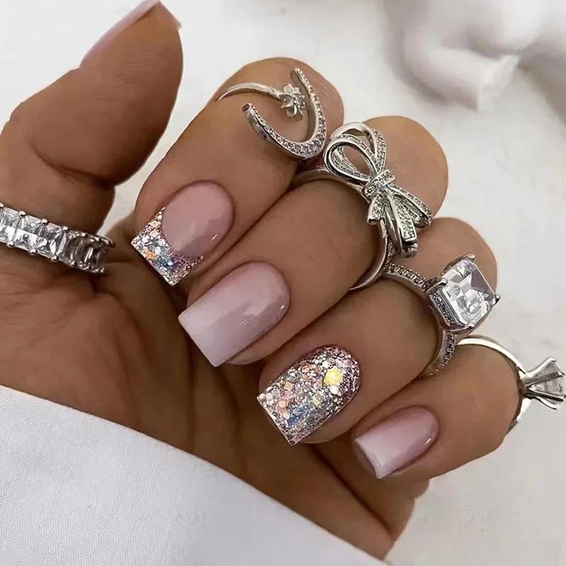 24Pcs Summer False Nails with White French Designs Long Ballerina Fake Nail Wearable Coffin French Nails Tips Press on Nails