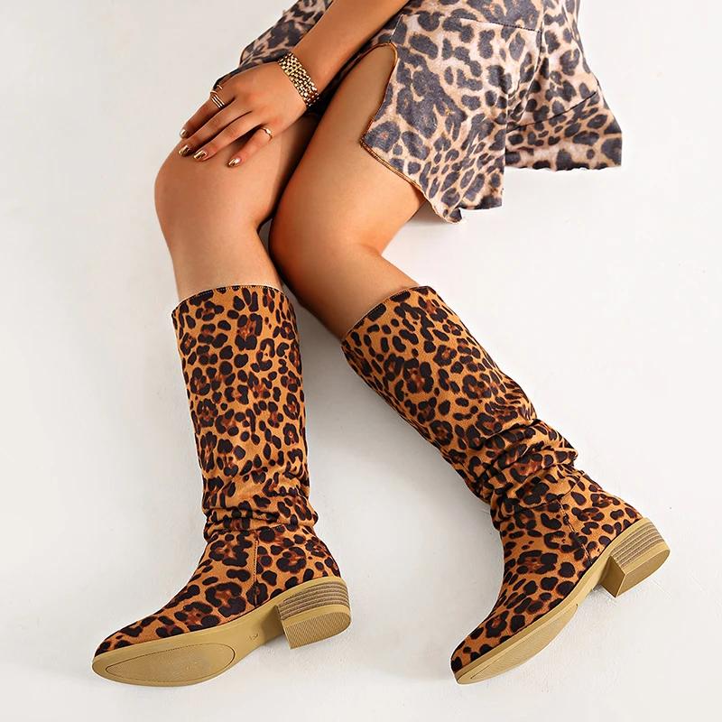 Leopard Women High Boots Sexy Chunky Pointed Toe Knee High Shoes Woman 2024 Trend Winter New Gladiaotor Motorcycle Botas Mujer