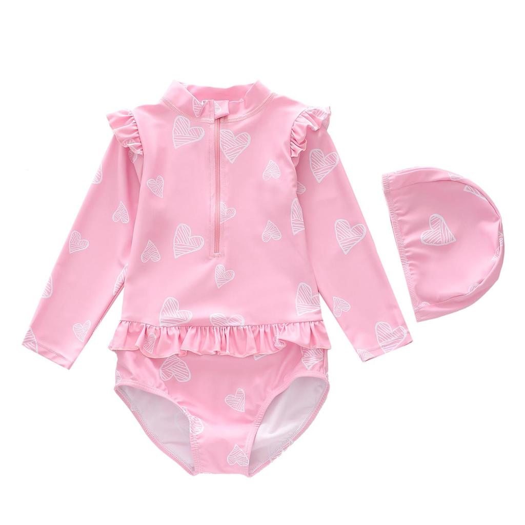 One-piece Kids Swimming Suit Long Sleeve Hat+Romper Matching Baby Girls Swimwear Seaside Clothes Casual Children Bathing Suits