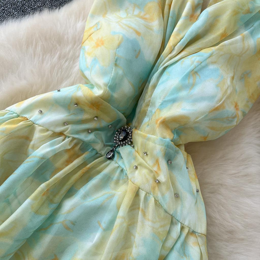 Летние женские шифоновые платья с V-образным вырезом и принтом, бретелька через шею с открытой спиной, бисер, длинные макси, праздничные пляжные платья