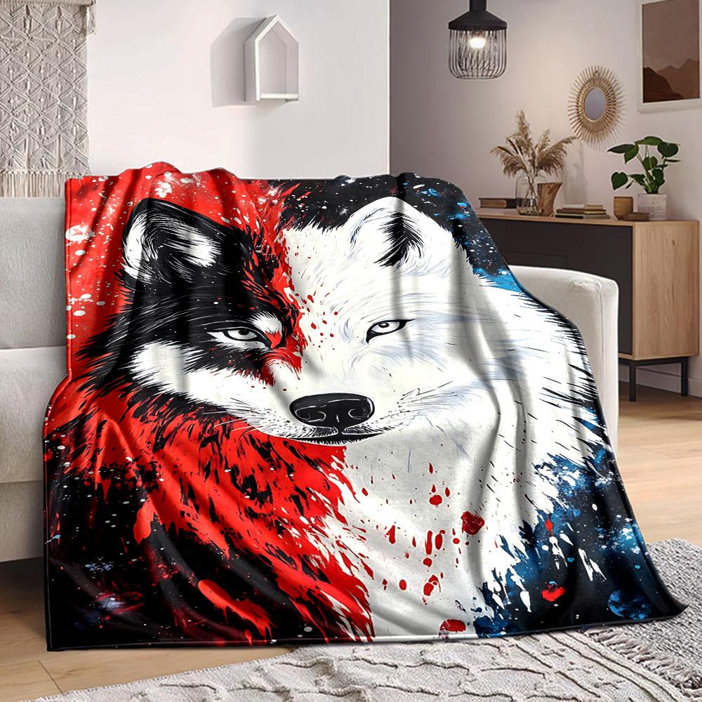 1pc Wolf Face Artwork Blanket, Lightweight Flannel Fleece with Digital Printing, Soft Warm for Sofa, Travel, Camping, Office, Couch, Chair, and Bed, A