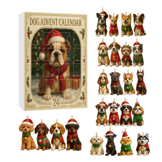 Cute Dog Breed Pendants with Santa Hats Advent Calendar, 2D Acrylic Breeds Ornaments, 24-Days Christmas Unique Collectibles for Fans Countdown