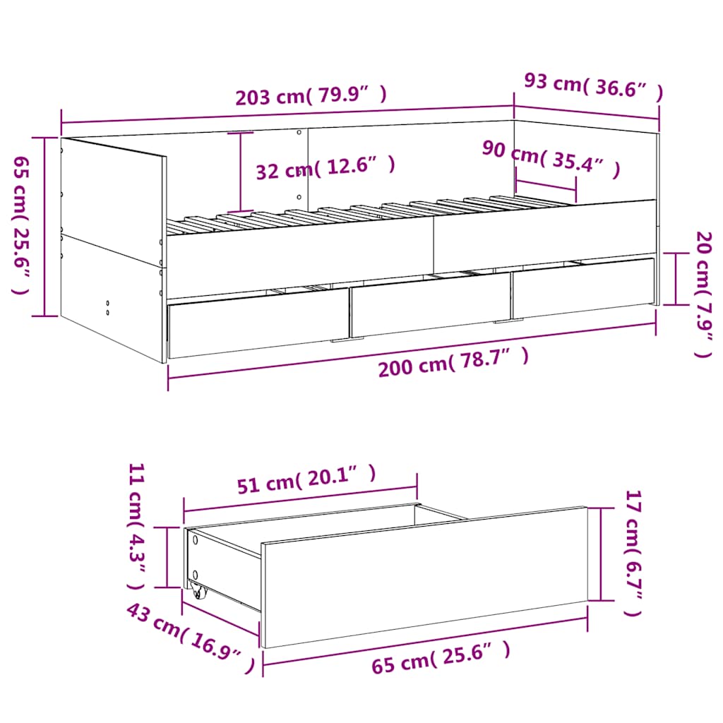 Daybed with Drawers without Mattress Smoked Oak 90 x 200 cm