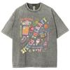 Cute Cartoon Monogram Print Women's T-Shirt Loose Wash Oversized Short Sleeve Y2k Colorful Monogram Printed Top Summer