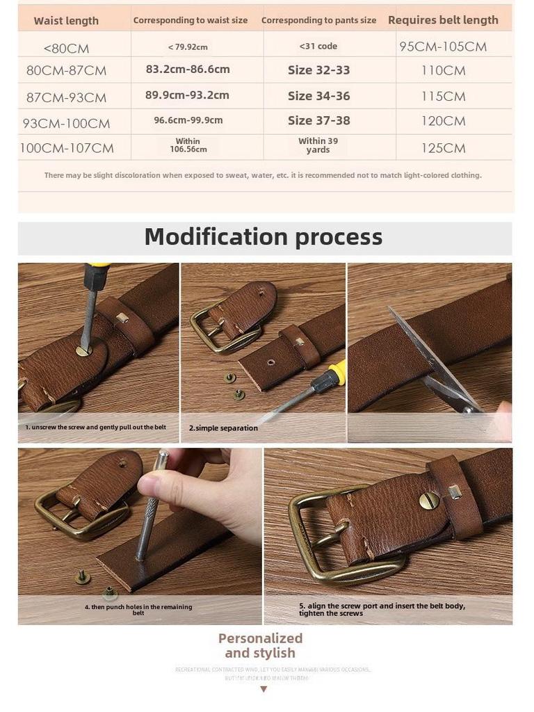 Мужской модный ретро-ремень из кожи ручной работы с медной пряжкой