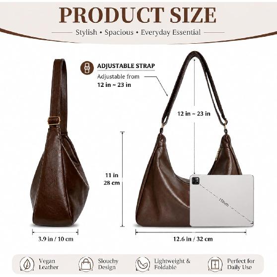 Hobo Bags for Women, Ultra Soft Foldable Vegan Leather, Stylish Slouchy Tote Purses Casual Shoulder Handbag