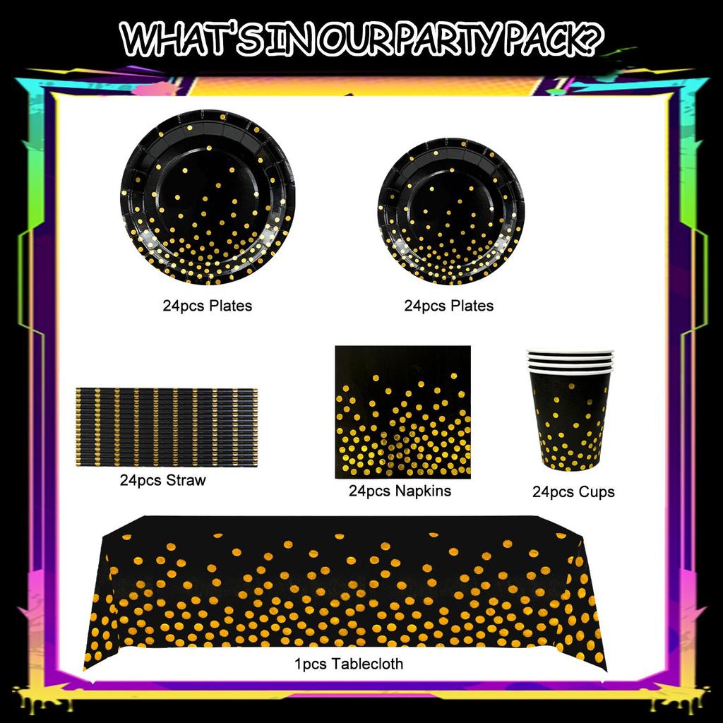 193pcs Black Gold Party Tableware, Black and Gold Dot Paper Party Tableware Set - Black and Gold Paper Plates and Cups Napkins Tablecloth etc