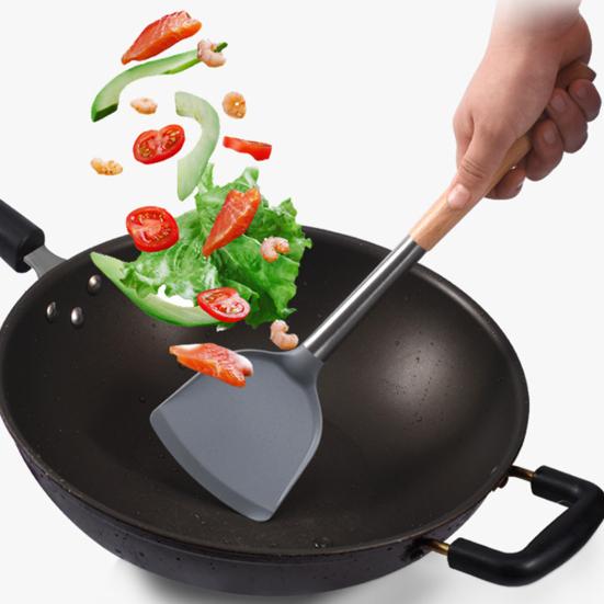 Силиконовая лопаточка с длинной ручкой из бука, пищевая, термостойкая, можно мыть в посудомоечной машине, антипригарная сковорода, кастрюля, кухонная утварь, кухонные принадлежности, кухонные принадлежности