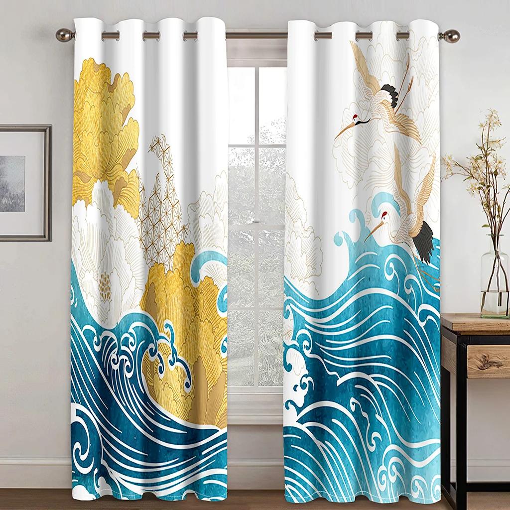 Japanese Beautiful Crane Sun Wave Mountain Cloud High Shading Drape Bedroom Space Space Living Room Hotel Window Opening Curtain 2 Panels Blackout