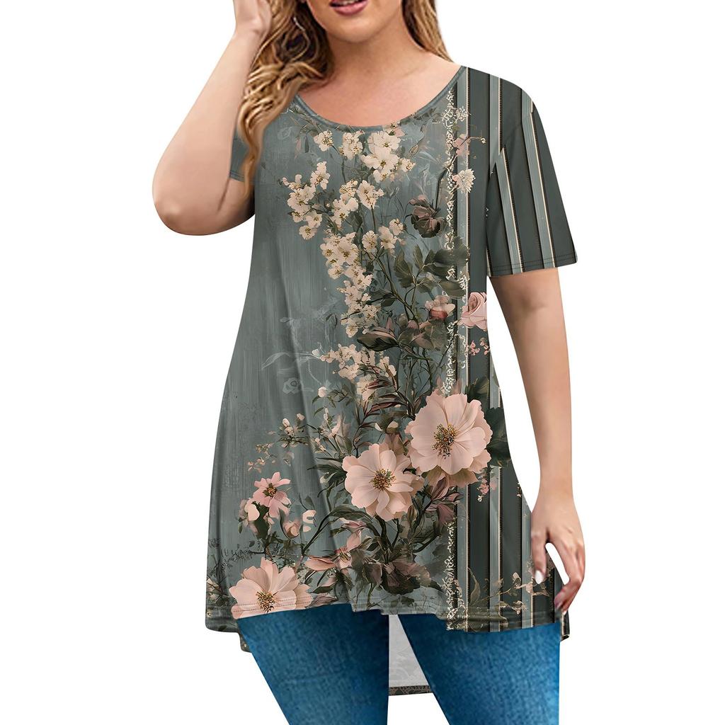 Женская мода большого размера с круглым вырезом и коротким рукавом, повседневный свободный пуловер с принтом