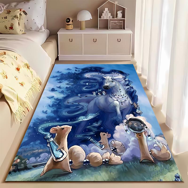 "Fantasy Blue Carpet with Unicorn, Starry Sky, and Cute Animals Design" Suitable for use as an anti-slip for living room bedroom sofas