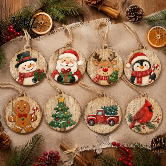 Holiday Party Hanging Decor 8Pcs Christmas Wooden Ornaments, Wood Slice with Santa, Garland Ornaments Snowman, Gingerbread, Reindeer Prints