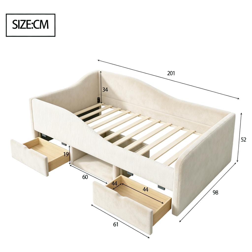 Upholstered Bed Children's Bed 90*190, Multifunctional Bed With Two Drawers and Fences, Skin-friendly Velvet Fabric, without Mattress Beige
