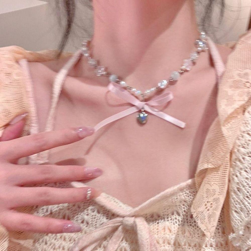 Korean Style Bowknot Pendant Choker Zircon Balletcore Choker Temperament Pink Bow Necklace  Wedding