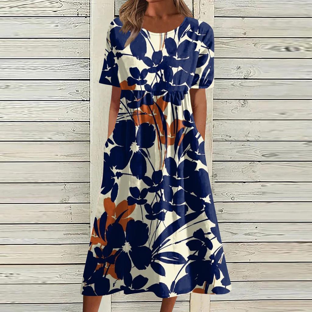 Жен. Повседневные платья Платья с принтами Летние платья С принтами Плиссированные платья-миди с круглым вырезом Классический Классический На открытом воздухе Повседневные С короткими рукавами Свободные платья