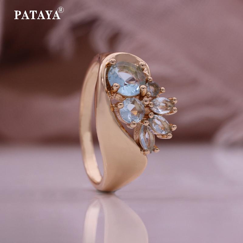 PATAYA Комплект из серег и кольца цвета розового золота 585 пробы с искусственным цирконом светло-голубого цвета