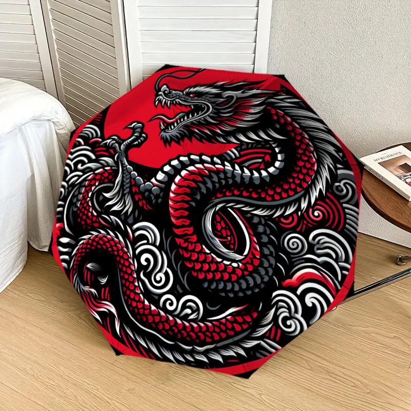 1pc Red Dragon Circular Illustration Umbrella with Plastic Handle,Suitable for All Seasons Home Travel Outdoor UmbrellaDD1342