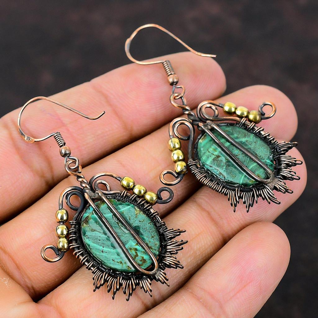 Малахитовые серьги, серьги из медной проволоки, серьги с драгоценными камнями, ювелирные изделия ручной работы, женские серьги, красивые медные украшения, стильные серьги, подарок для нее