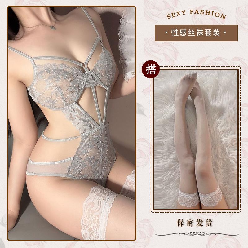 Hollow and thin sexy underwear sexy onesie temptation strap perspective lace free purple n