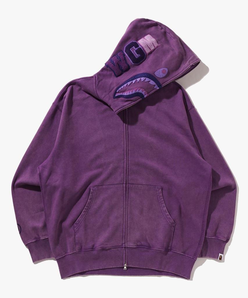 Bape Худи с полной молнией, свободного кроя, с принтом акулы, окрашенное в готовом виде (M) фиолетовый