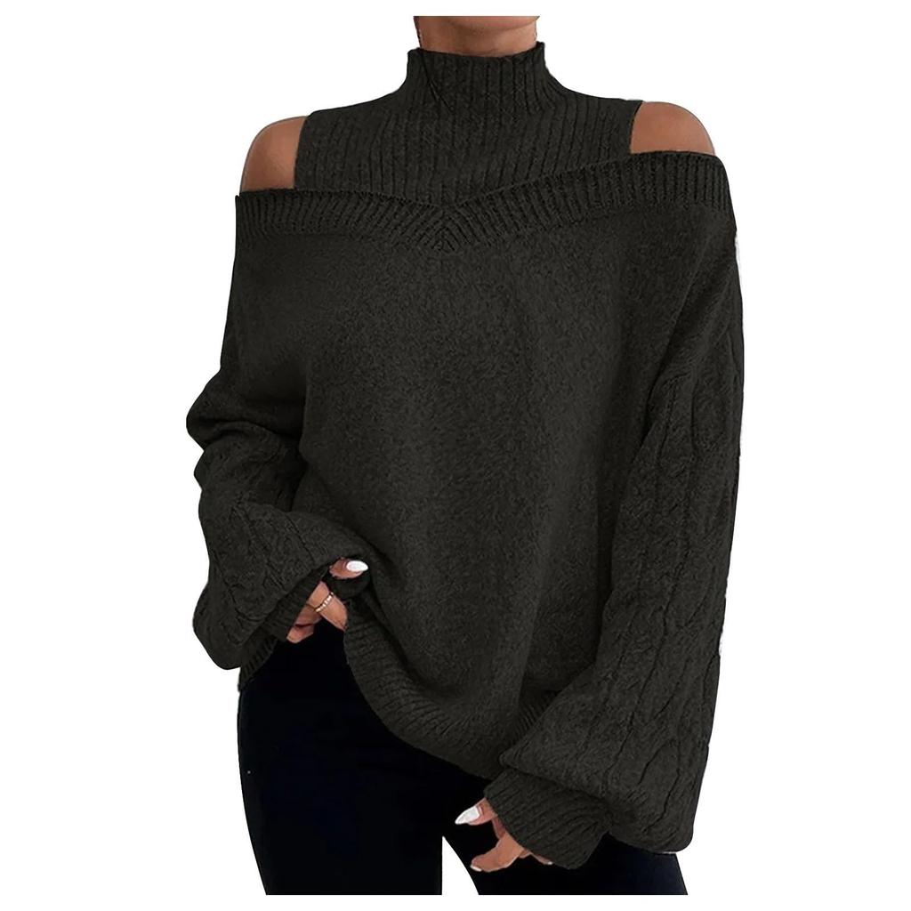 Women's Fashion Off-shoulder Sweater Pullover Loose Half-high Collar Long Sleeve Knit Cardigan
