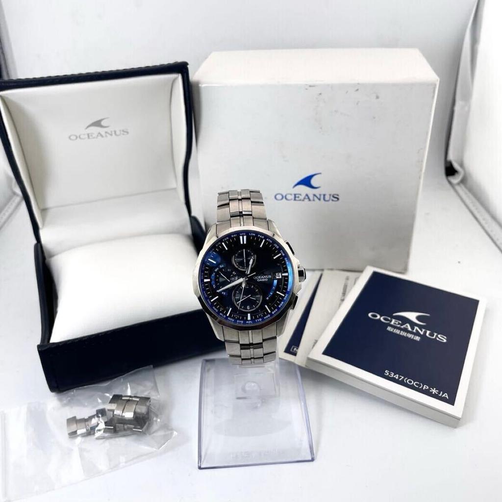 Casio Мужские часы OCEANUS Manta Solar Titanium Chronograph Черные Радиоуправляемые, Циферблат, OCW-S3000