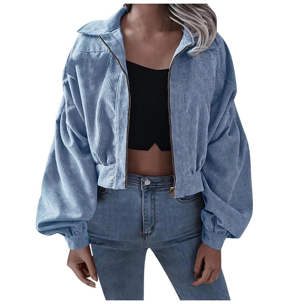 Женская осенне-зимняя вельветовая однотонная куртка на молнии с длинными рукавами и лацканами