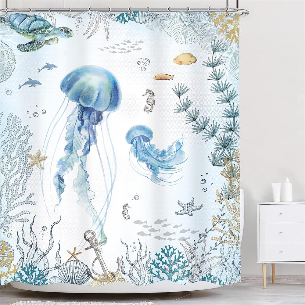 Sea Turtle Shower Curtains Watercolour Ocean Animals Fish Coral Water Plants Underwater Scenery Home Bathroom Curtain Decor Set