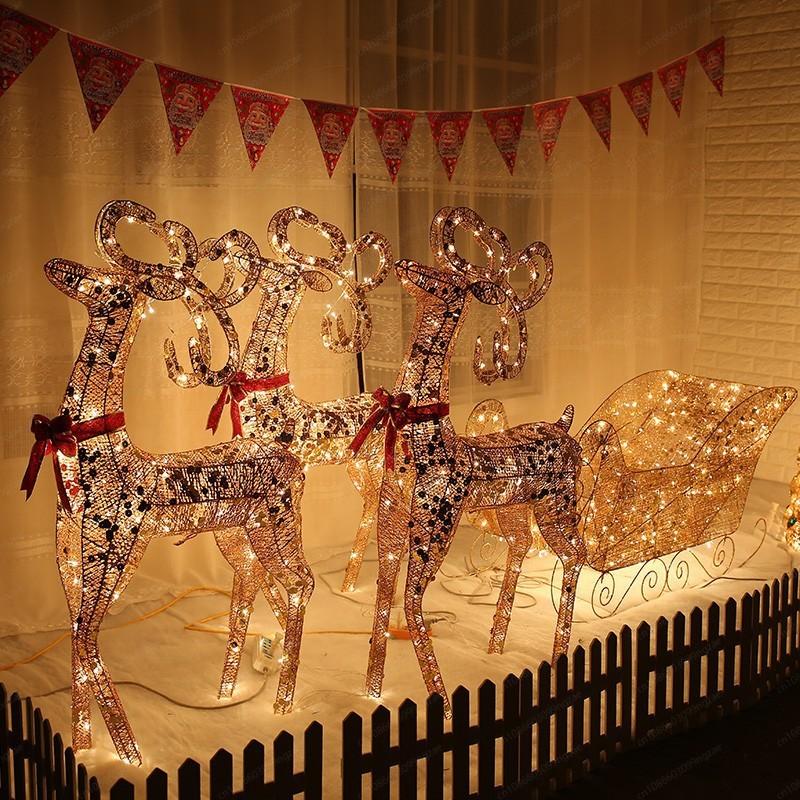 Christmas deer pull cart luminous deer pull cart wrought iron deer ornament hotel lobby window decoration supplies