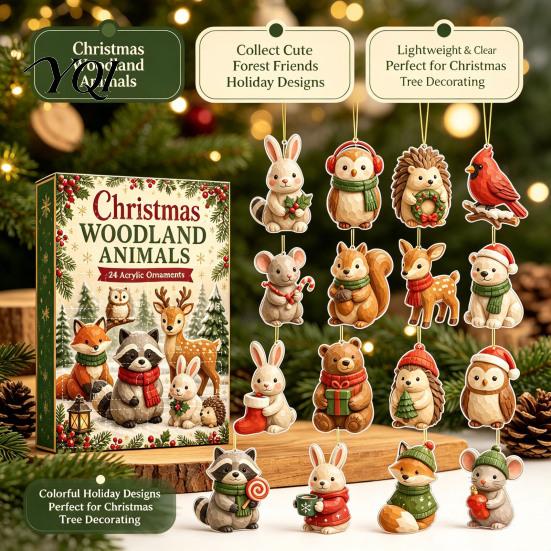 Novelty Holiday Desk Accessories Woodland Animal Advent Calendar, 24-Day Christmas Countdown Set with Forest Calendar for Kids Critter Ornaments,