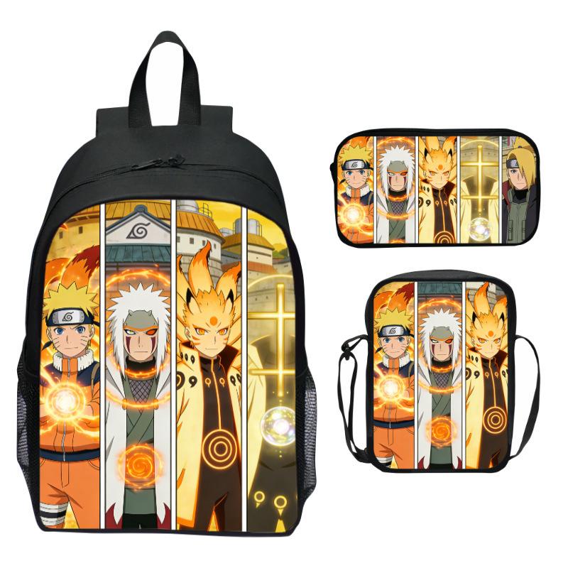 Naruto Anime 3-Piece Backpack Set Printed Cartoon Elementary School Bag Lightweight Multi-Pocket