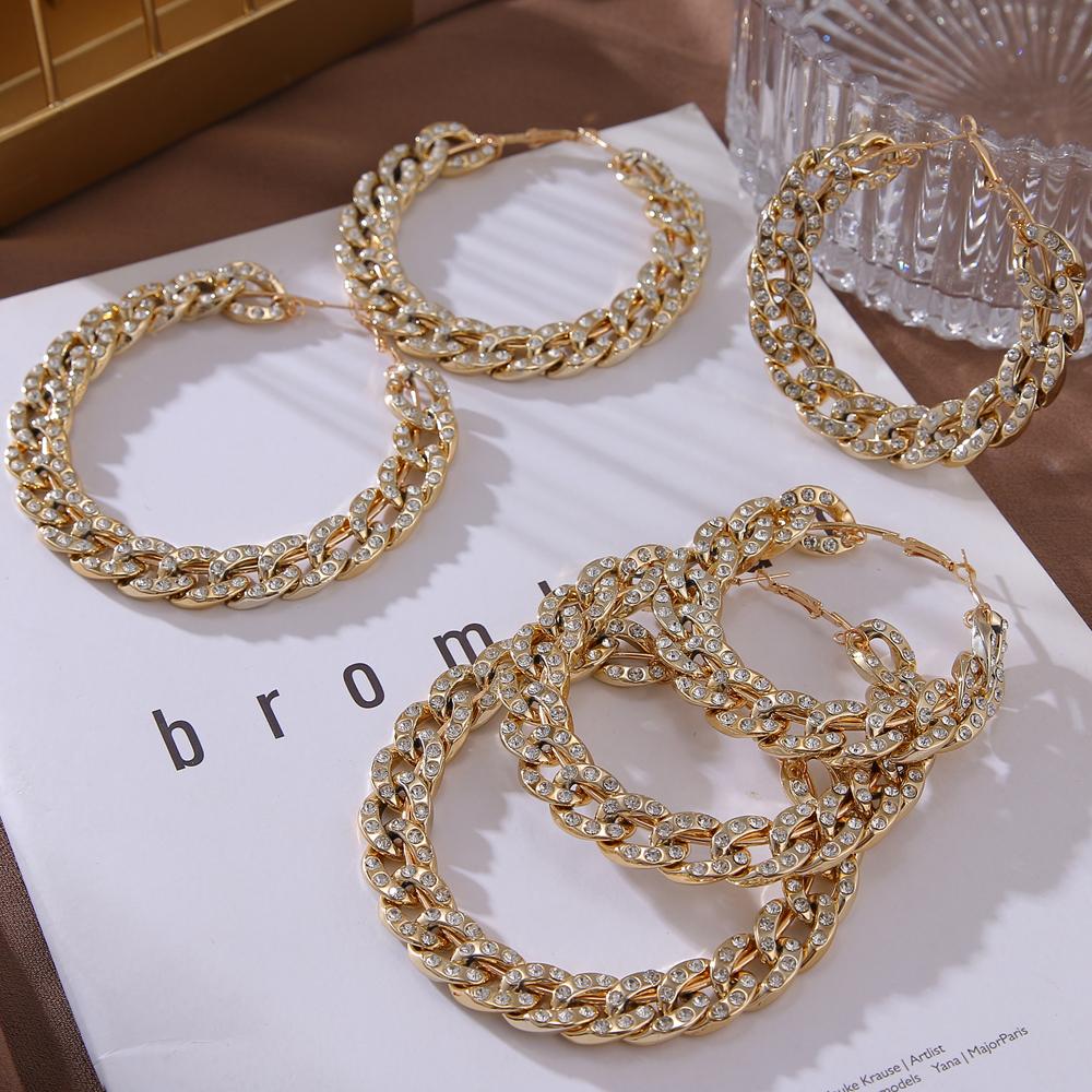 Серьги-кольца с большой металлической цепочкой и кристаллами для женщин, преувеличенные геометрические круги золотого и серебряного цвета, смешанные серьги, ювелирные изделия