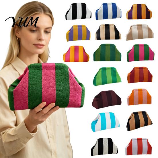 Large Capacity Cosmetic Pouch Woven Striped Clutch Purse for Woman, Pouch, Portable Knit Dumpling Bag, Kiss Lock Handbag Evening, Party