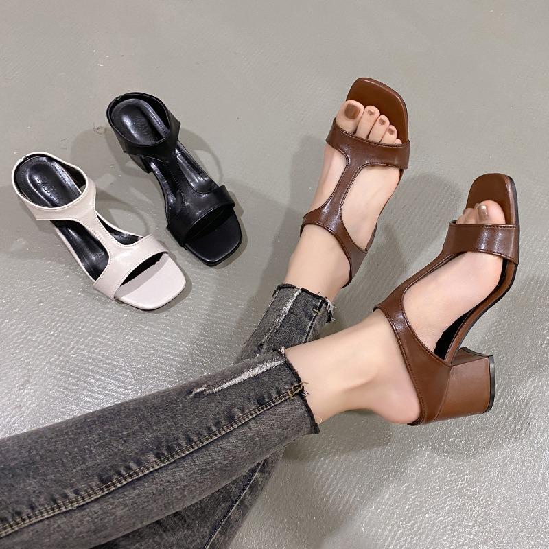 Summer New Thick-heeled Slippers Women's Outer Wear Square Head Open-toed One-word Drag Large-size High Heels