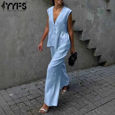 Женская мода повседневная летняя весна однотонный принт без рукавов V-образный вырез брюки брюки костюмы