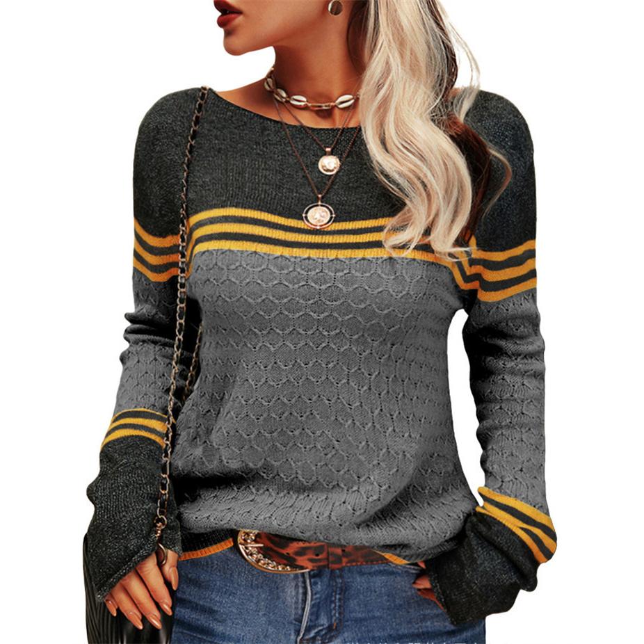 Herfst En Winter Vrouwen Crochet Temperament Commuter Tops Lange Mouwen Knit Stripe Colorblocking Ronde Hals Sweater