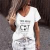 European and American Women's V-neck T-shirt Personalized Cartoon Cat Pattern 3D Printed Short Sleeve Fashion Trend Top
