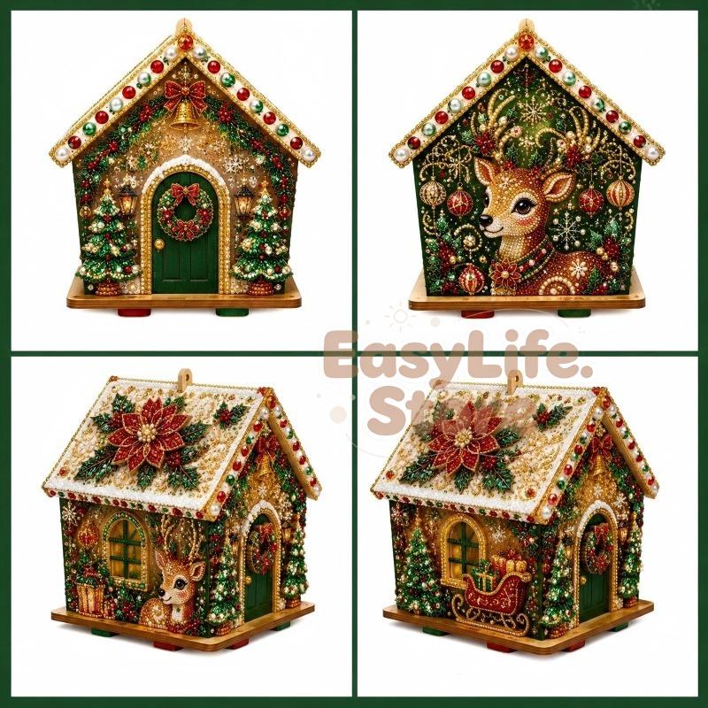 Plymagic DIY Pearl Art - Christmas Collection, 3D Wooden House Rhinestone Diamond Painting Kit with Pearl Beads