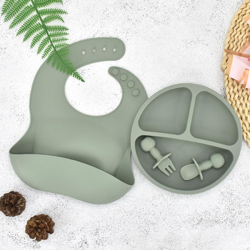 Детский силиконовый набор для кормления, детская посуда, не содержит BPA, легко моется, детская посуда, водонепроницаемая ложка и нагрудник, детский тренировочный набор