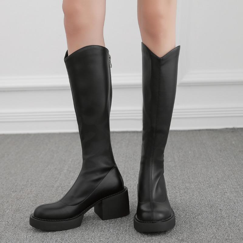 Мода 2024 года женские сапоги на высоком каблуке осень и зима новые толстые подошвы толстые трубчатые женские модные однотонные тонкие модные сапоги