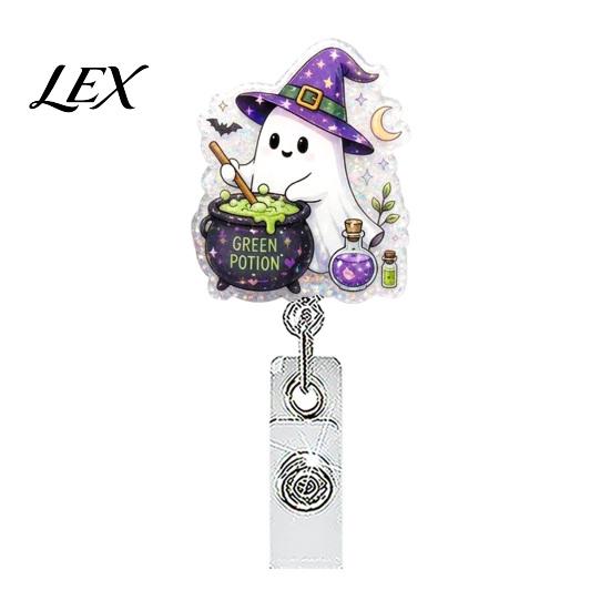 Retractable Badge Holder Halloween Reel, Ghost Black Cat And Pumpkin Design, Acrylic Id Reel 360 Degree Rotating ID for Nurses Office Staff Decor