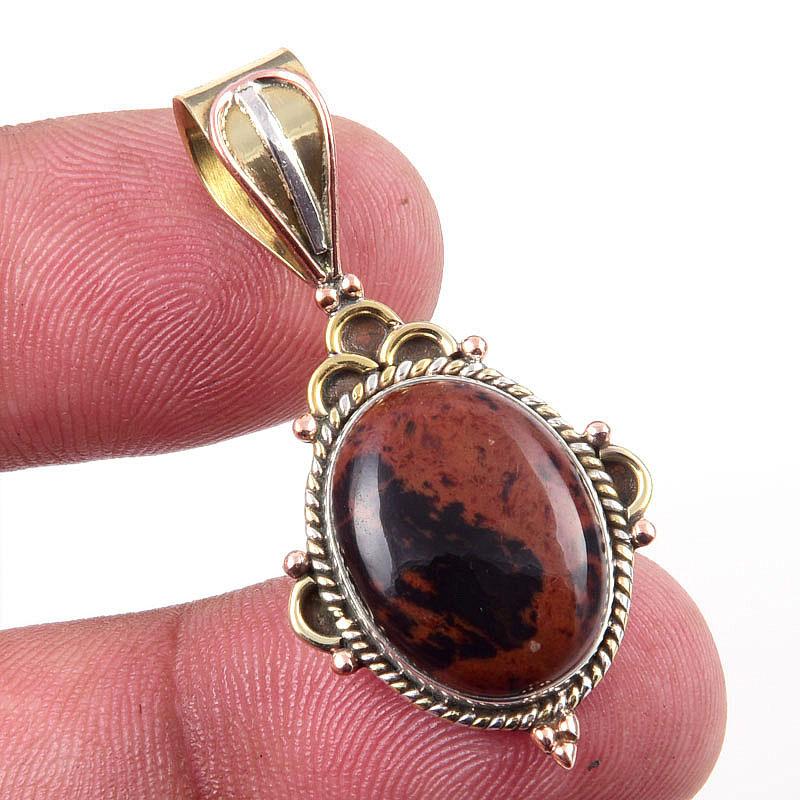 Natural Mahogany Obsidian Gemstone 925 Solid Silver Two Tone Pendant 1.50'' z1U13