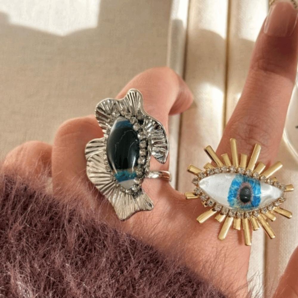 Blue Eyes Exaggerated Ring Geometric Vintage Gold Ring Personality Demon Eye Ring  Decoration