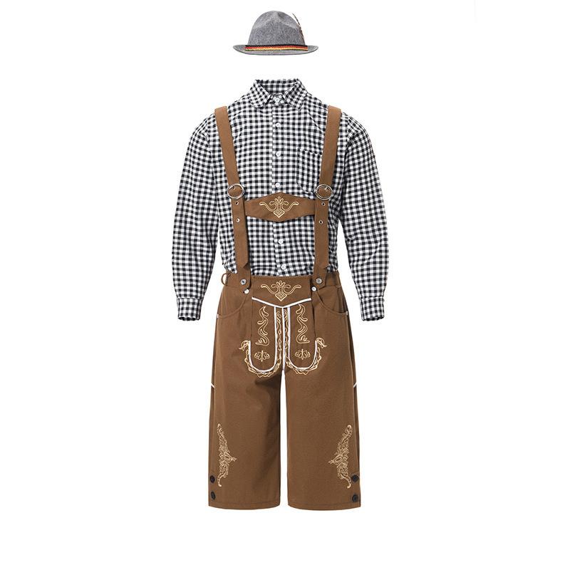 L Oktoberfest Costume Classic Men's Plaid Shirt and Overalls Cowboy Hat Set Halloween Carnival Party Costume Waiter Maid Uniform