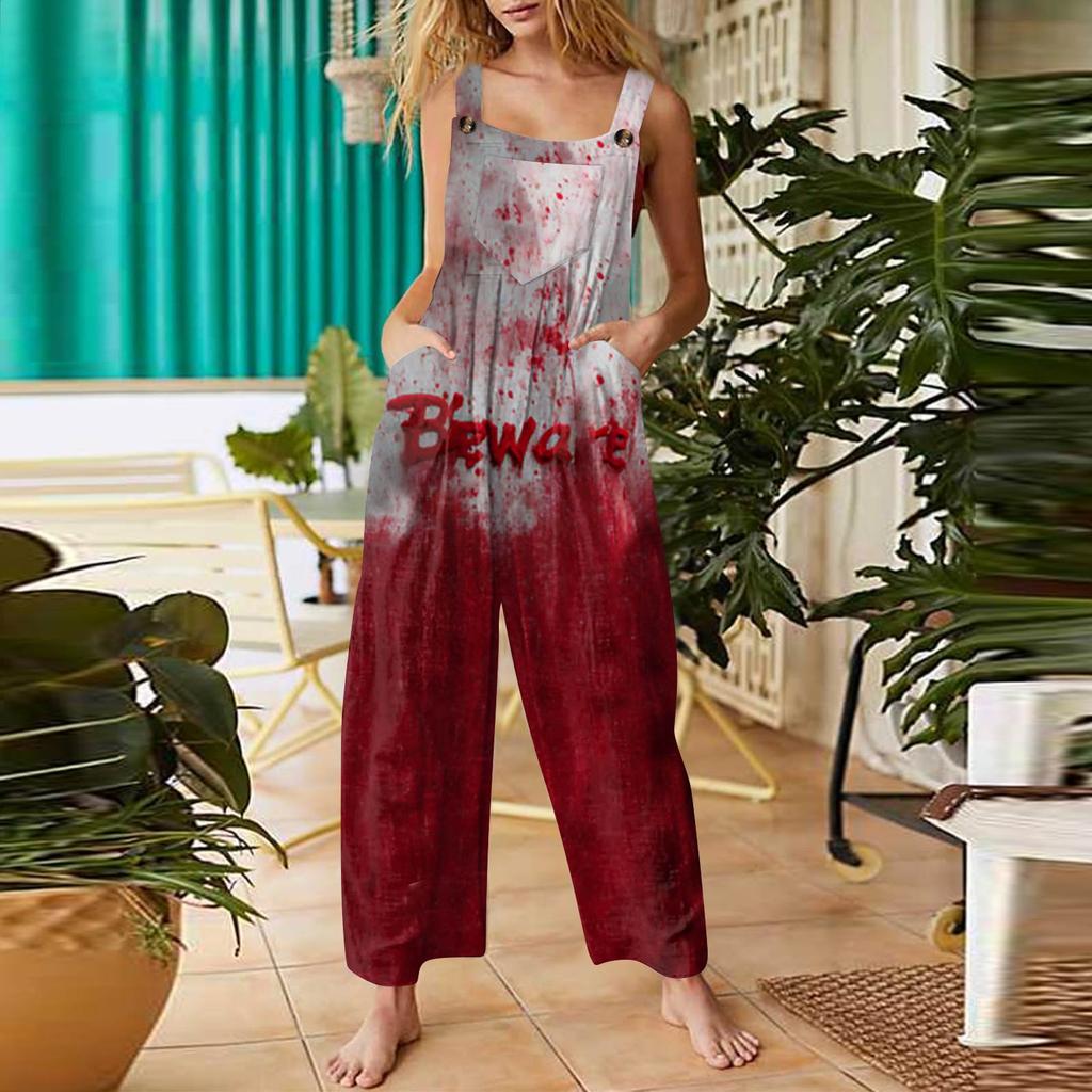 Женский модный повседневный винтажный комбинезон без рукавов на пуговицах с принтом на Хэллоуин