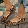 Spring and Autumn New Leopard Print Round Head Flat-soled Single Shoes Retro Beaded Shallow Mouth Large Size Casual Versatile Women's Shoes