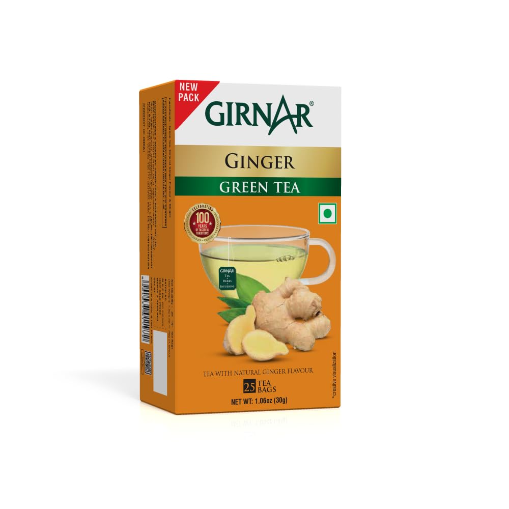 Girnar Green Tea Ginger Tea Bags 25 Count Caffeine-Free Natural Flavor Soothing Beverage