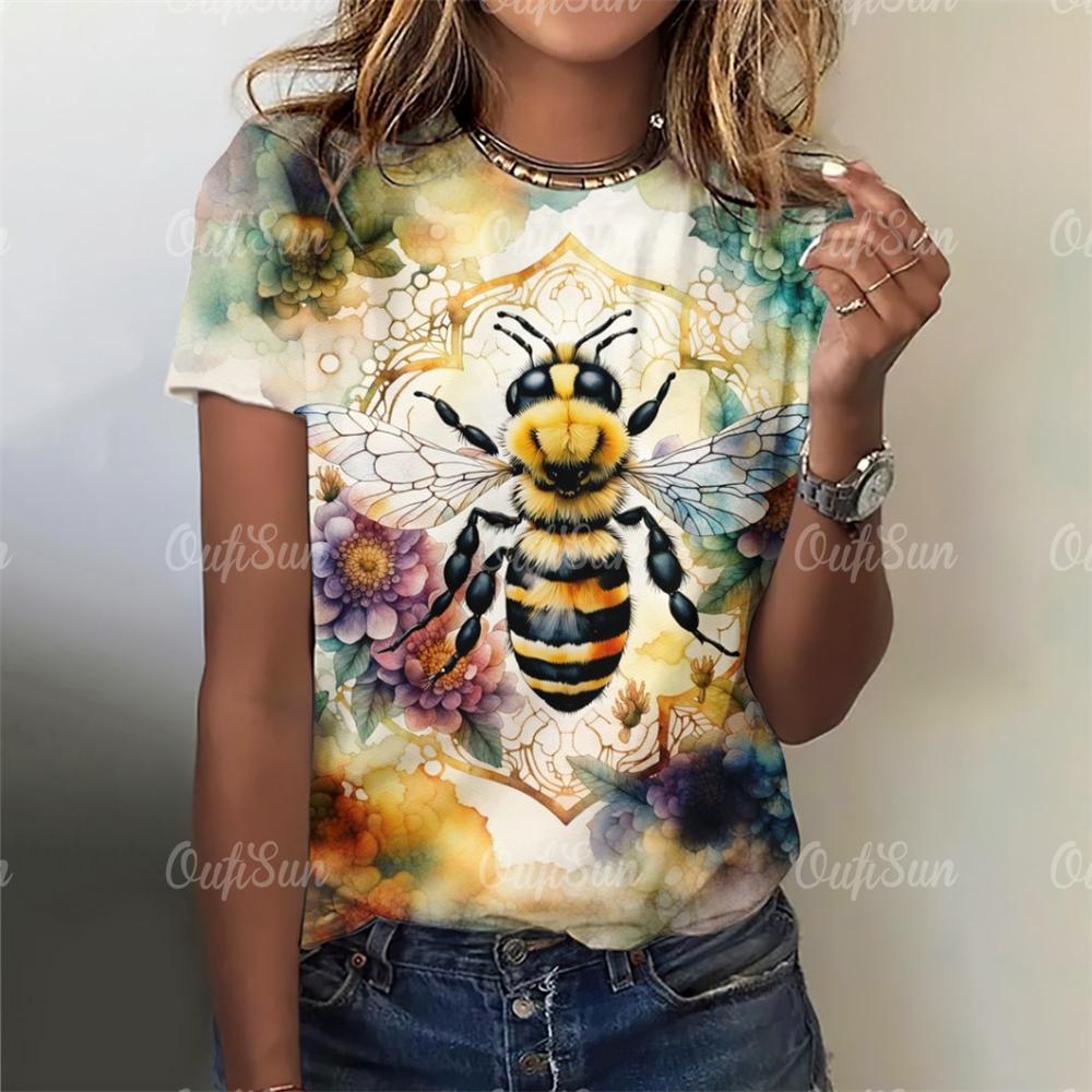 2025 Модные женские футболки, блузки с принтом пчелы, топы для женщин, базовые повседневные женские футболки с принтом, свободная женская одежда